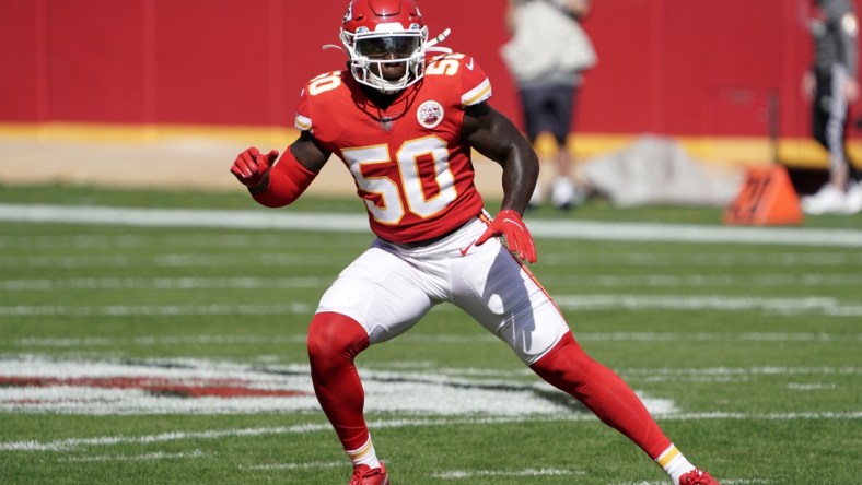 Oct 11, 2020; Kansas City, Missouri, USA; Kansas City Chiefs linebacker Willie Gay Jr. (50) in the first half against the Las Vegas Raiders at Arrowhead Stadium The Raiders defeated the Chiefs 40-22. Mandatory Credit: Kirby Lee-USA TODAY Sports