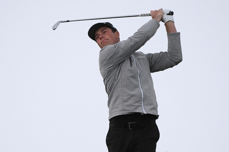Jan 29, 2021; San Diego, California, USA; Viktor Hovland plays his shot from the eighth tee during the second round of the Farmers Insurance Open golf tournament at Torrey Pines Municipal Golf South Course. Mandatory Credit: Orlando Ramirez-USA TODAY Sports