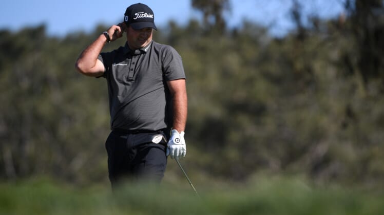 Jan 30, 2021; San Diego, California, USA; Patrick Reed reacts after a shot on the 12th green during the third round of the Farmers Insurance Open golf tournament at Torrey Pines Municipal Golf Course - South Course. Mandatory Credit: Orlando Ramirez-USA TODAY Sports