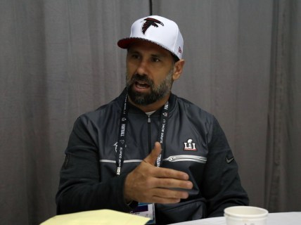 Feb 2, 2017; Houston, TX, USA; Atlanta Falcons linebacker coach Jeff Ulbrich answers questions during a press conference at Westin Houston Memorial City Hotel. Mandatory Credit: Matthew Emmons-USA TODAY Sports