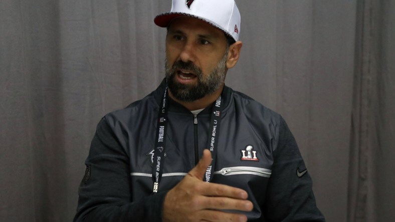 Feb 2, 2017; Houston, TX, USA; Atlanta Falcons linebacker coach Jeff Ulbrich answers questions during a press conference at Westin Houston Memorial City Hotel. Mandatory Credit: Matthew Emmons-USA TODAY Sports