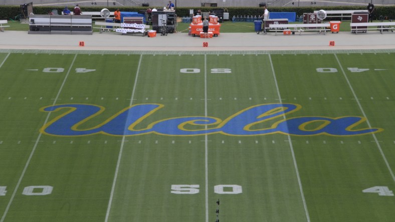 Sep 3, 2017; Pasadena, CA, USA; General overall view of the UCLA Bruins logo at midfield during a NCAA football game between the Texas A&M Aggies and the UCLA Bruinsat Rose Bowl. Mandatory Credit: Kirby Lee-USA TODAY Sports