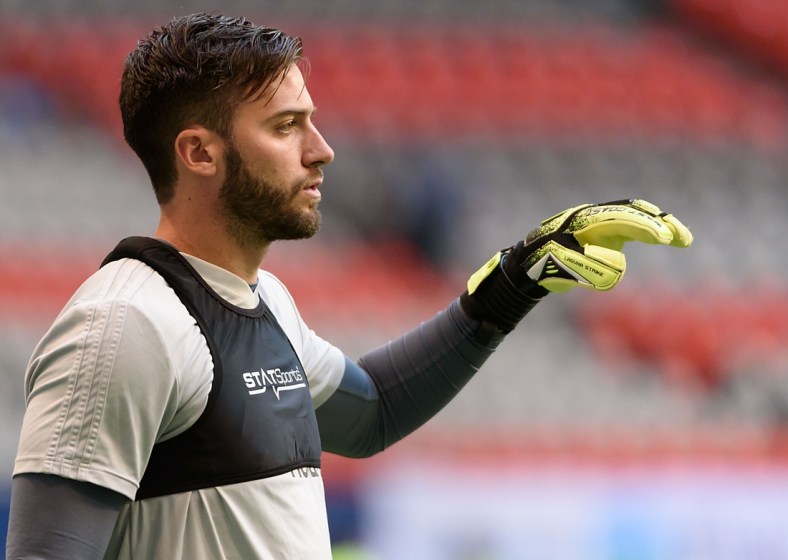 May 16, 2018; Vancouver, British Columbia, CAN; San Jose Earthquakes goalkeeper Matt Bersano (12) warms up against the Vancouver Whitecaps at BC Place. Mandatory Credit: Anne-Marie Sorvin-USA TODAY Sports