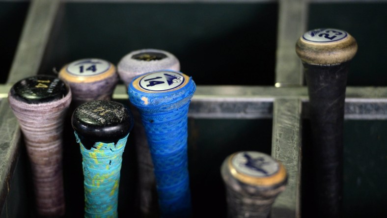 Jul 20, 2018; Phoenix, AZ, USA; Colorado Rockies baseball bats sit in a rack prior to the game against the Arizona Diamondbacks at Chase Field. Mandatory Credit: Joe Camporeale-USA TODAY Sports