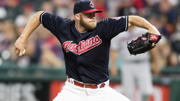 Aug 8, 2018; Cleveland, OH, USA; Cleveland Indians relief pitcher Cody Allen (37) throws a pitch during the ninth inning against the Minnesota Twins at Progressive Field. Mandatory Credit: Ken Blaze-USA TODAY Sports