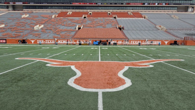 Sep 15, 2018; Austin, TX, USA; General overall view of the Texas Longhorns logo at midfield at Darrell K Royal-Texas Memorial Stadium. Mandatory Credit: Kirby Lee-USA TODAY Sports