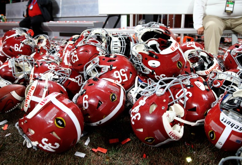 Jan 8, 2018; Atlanta, GA, USA; Detailed view of Alabama Crimson Tide player helmets on the ground after defeating the Georgia Bulldogs in the 2018 CFP national championship college football game at Mercedes-Benz Stadium. Mandatory Credit: Mark J. Rebilas-USA TODAY Sports