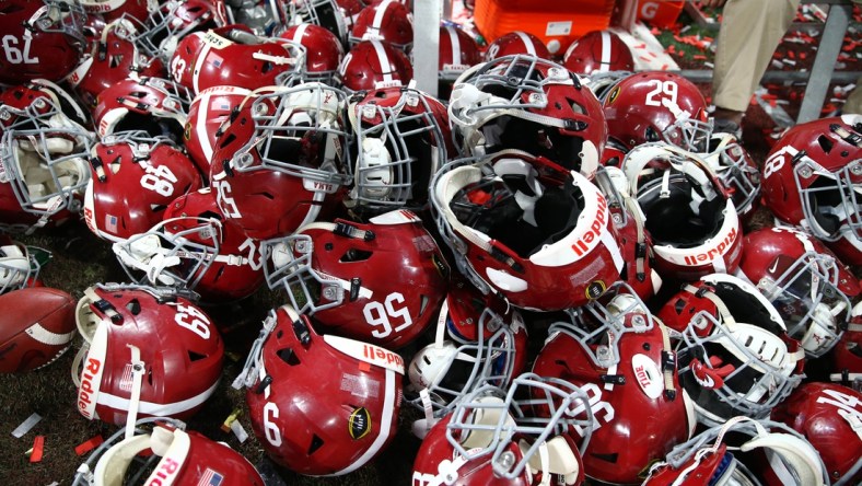 Jan 8, 2018; Atlanta, GA, USA; Detailed view of Alabama Crimson Tide player helmets on the ground after defeating the Georgia Bulldogs in the 2018 CFP national championship college football game at Mercedes-Benz Stadium. Mandatory Credit: Mark J. Rebilas-USA TODAY Sports