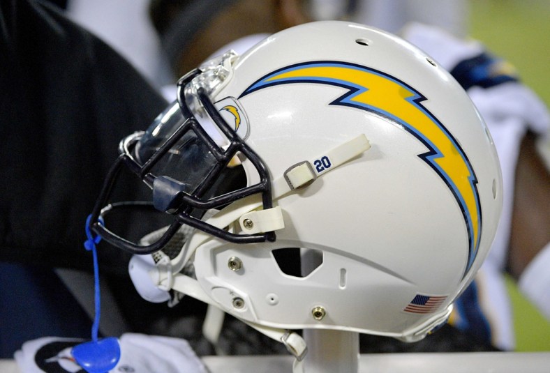 Dec 13, 2018; Kansas City, MO, USA; A general view of a Los Angeles Chargers helmet during the game against the Kansas City Chiefs at Arrowhead Stadium. The Chargers won 29-28. Mandatory Credit: Denny Medley-USA TODAY Sports