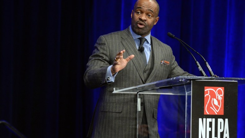 Jan 31, 2019; Atlanta, GA, USA; NFLPA executive director DeMaurice Smith speaks during the NFLPA press conference in advance of the Super Bowl LIII where the New England Patriots will play the Los Angeles Rams on Feb. 3, 2019 at Mercedes_Benz Stadium.  Mandatory Credit: John David Mercer-USA TODAY Sports