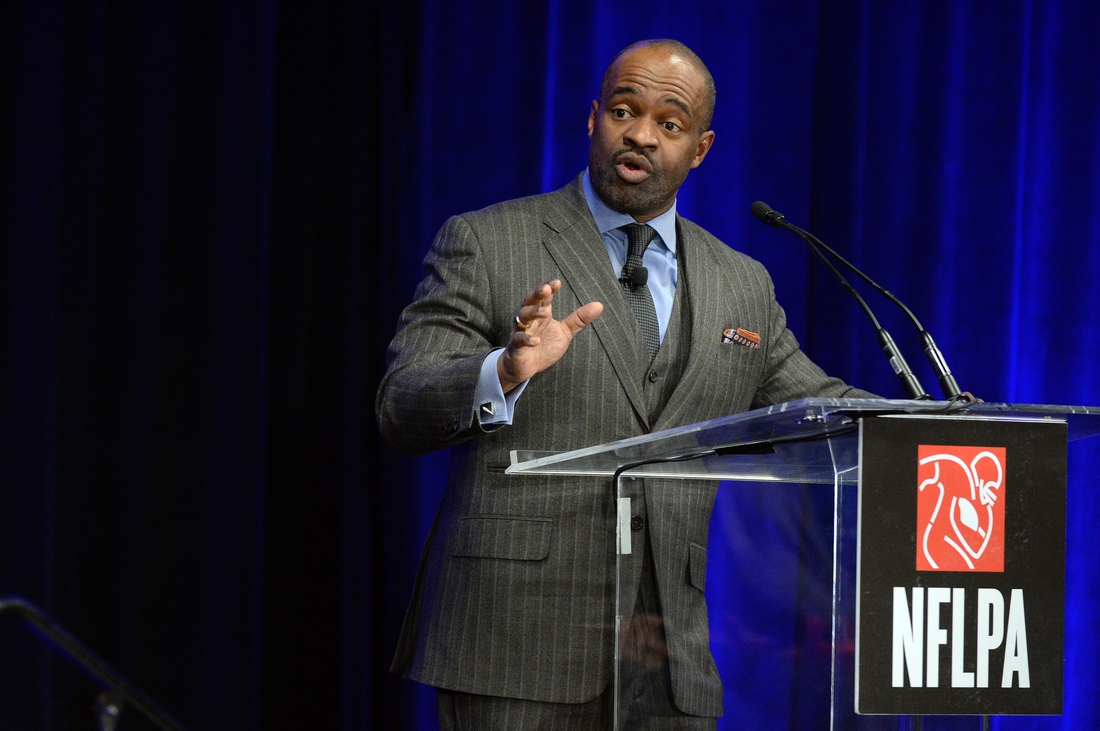 Jan 31, 2019; Atlanta, GA, USA; NFLPA executive director DeMaurice Smith speaks during the NFLPA press conference in advance of the Super Bowl LIII where the New England Patriots will play the Los Angeles Rams on Feb. 3, 2019 at Mercedes_Benz Stadium.  Mandatory Credit: John David Mercer-USA TODAY Sports