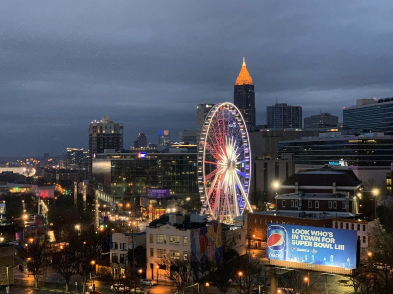Feb 3, 2019; Atlanta, GA, USA; General overall view of the downtown Atlanta skyline and Skyview Atlanta ferris wheel prior to Super Bowl LIII between the New England Patriots and the Los Angeles Rams at Mercedes-Benz Stadium. Mandatory Credit: Kirby Lee-USA TODAY Sports