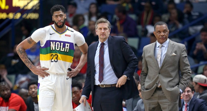 Feb 8, 2019; New Orleans, LA, USA; New Orleans Pelicans forward Anthony Davis (23) and assistant coach Chris Finch and head coach Alvin Gentry during the second half against the Minnesota Timberwolves at the Smoothie King Center. Mandatory Credit: Chuck Cook-USA TODAY Sports