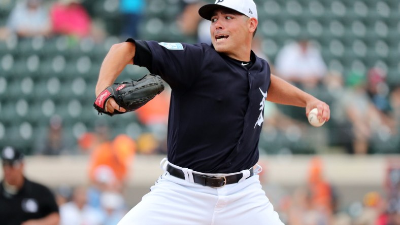 Mar 10, 2019; Lakeland, FL, USA; Detroit Tigers starting pitcher Matt Moore (51) throws a pitch during the first inning against the New York Yankees at Joker Marchant Stadium. Mandatory Credit: Kim Klement-USA TODAY Sports