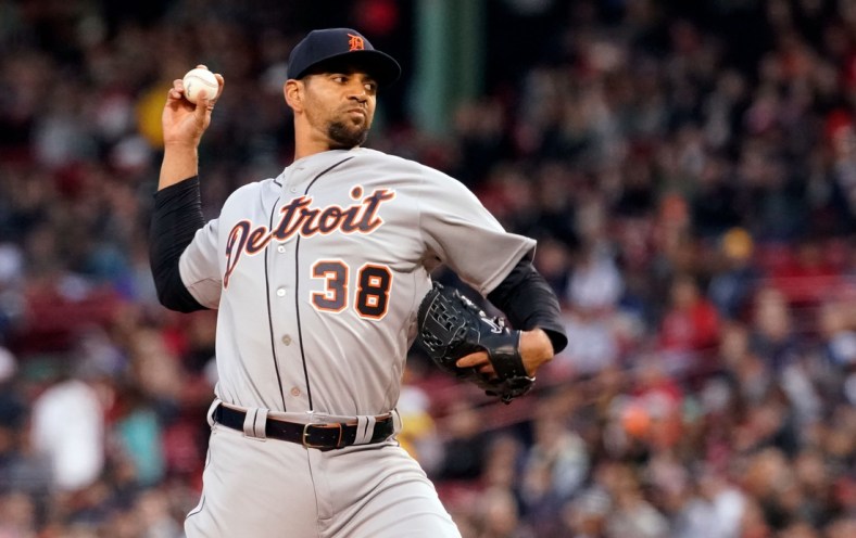 Apr 24, 2019; Boston, MA, USA; Detroit Tigers starting pitcher Tyson Ross (38) throws a pitch against the Boston Red Sox in the first inning at Fenway Park. Mandatory Credit: David Butler II-USA TODAY Sports