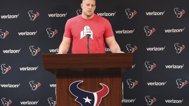 Jun 11, 2019; Houston, TX, USA; Houston Texans defensive end JJ Watt (99) talks to the media during a press conference in the media room at NRG Stadium. Mandatory Credit: Thomas B. Shea-USA TODAY Sports