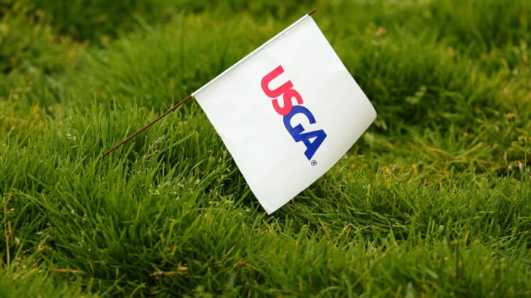 June 14, 2019; Pebble Beach, CA, USA; USGA drop zone marker near the 4th green during the second round of the 2019 U.S. Open golf tournament at Pebble Beach Golf Links. Mandatory Credit: Rob Schumacher-USA TODAY Sports