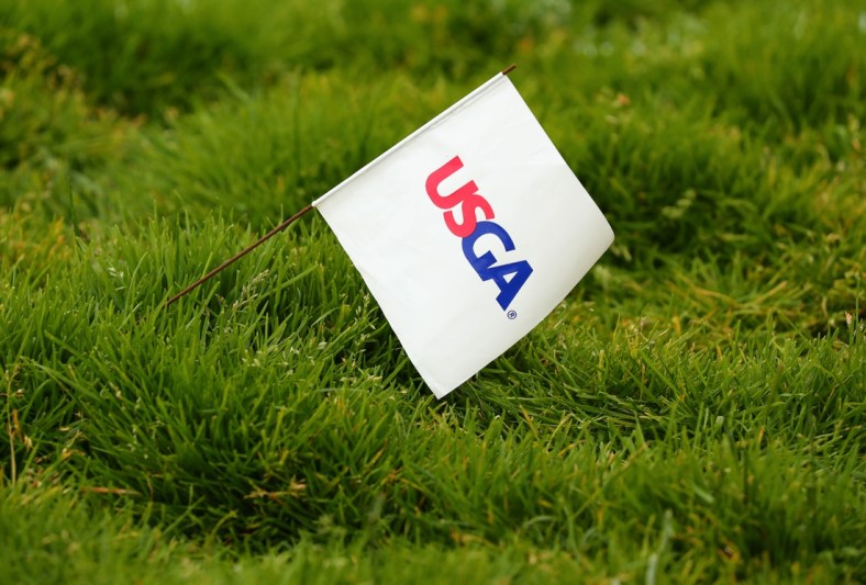 June 14, 2019; Pebble Beach, CA, USA; USGA drop zone marker near the 4th green during the second round of the 2019 U.S. Open golf tournament at Pebble Beach Golf Links. Mandatory Credit: Rob Schumacher-USA TODAY Sports