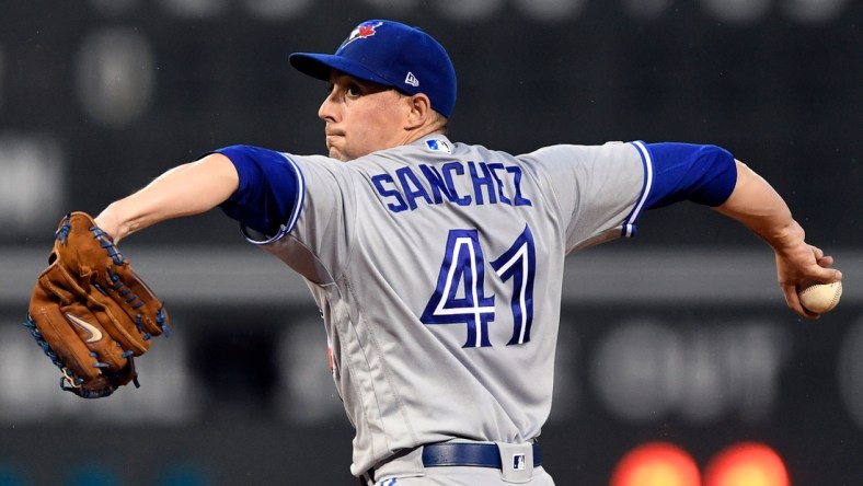 Jul 17, 2019; Boston, MA, USA; Toronto Blue Jays starting pitcher Aaron Sanchez (41) pitches against the Boston Red Sox during the first inning at Fenway Park. Mandatory Credit: Brian Fluharty-USA TODAY Sports