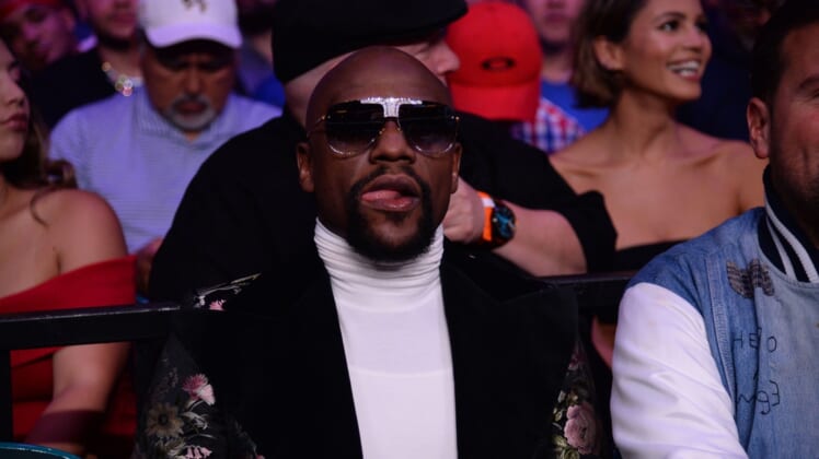 Jul 20, 2019; Las Vegas, NV, USA; Boxer and promoter Floyd Mayweather Jr. attends the WBA welterweight championship bout between Manny Pacquiao (not pictured) and Keith Thurman (not pictured) at MGM Grand Garden Arena. Mandatory Credit: Joe Camporeale-USA TODAY Sports