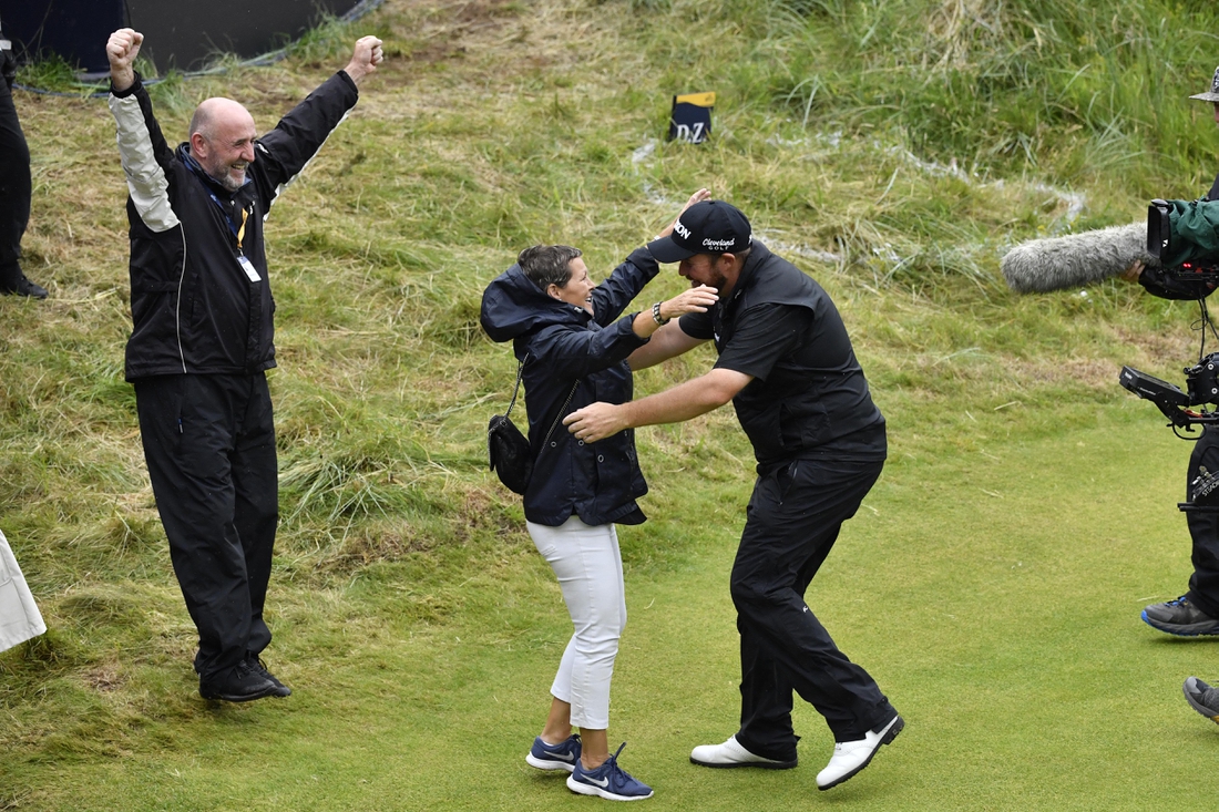 Jul 21, 2019; Portrush, IRL; Shane Lowry celebrates with his mother after winning The Open Championship golf tournament during the final round at Royal Portrush Golf Club -  Dunluce Course. Mandatory Credit: Steve Flynn-USA TODAY Sports