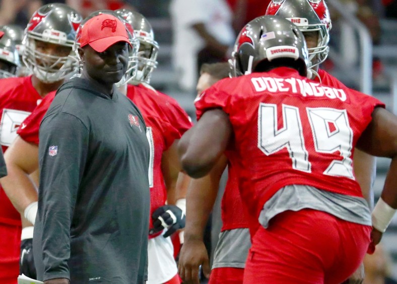 Jul 26, 2019; Tampa, FL, USA; Tampa Bay Buccaneers defensive coordinator Todd Bowles during training camp at AdventHealth Training Center. Mandatory Credit: Kim Klement-USA TODAY Sports