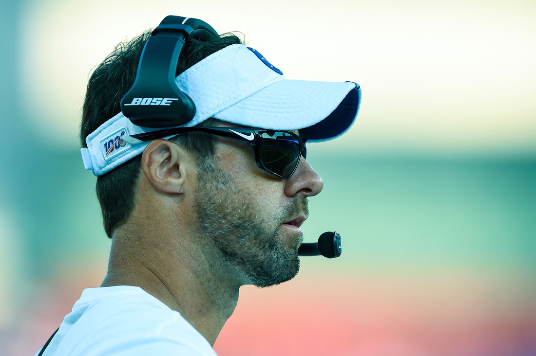 Aug 8, 2019; Orchard Park, NY, USA; Indianapolis Colts offensive coordinator Nick Sirianni looks on against the Buffalo Bills during the second quarter at New Era Field. Mandatory Credit: Rich Barnes-USA TODAY Sports