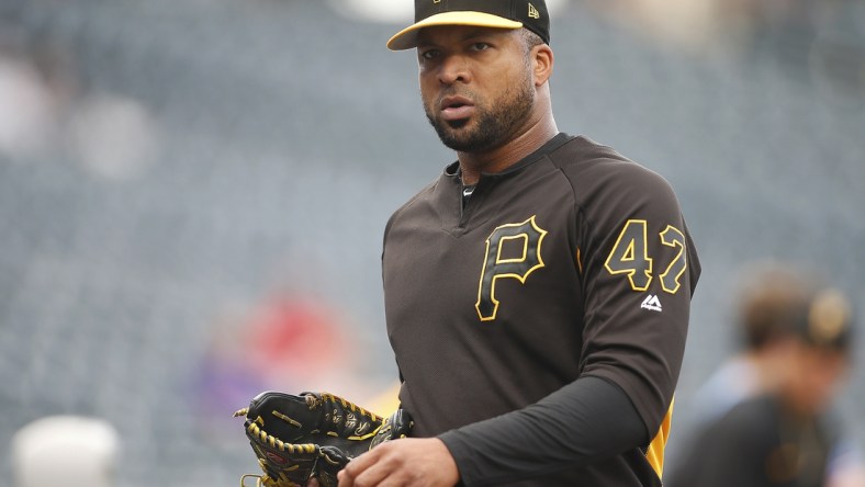 Aug 29, 2019; Denver, CO, USA; Pittsburgh Pirates relief pitcher Francisco Liriano (47) participates in batting practice prior to a game against the Colorado Rockies at Coors Field. Mandatory Credit: Russell Lansford-USA TODAY Sports