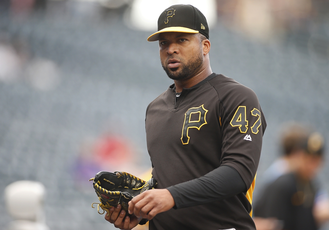 Aug 29, 2019; Denver, CO, USA; Pittsburgh Pirates relief pitcher Francisco Liriano (47) participates in batting practice prior to a game against the Colorado Rockies at Coors Field. Mandatory Credit: Russell Lansford-USA TODAY Sports