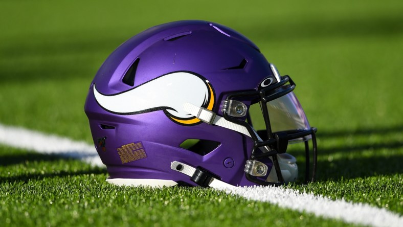 Aug 29, 2019; Orchard Park, NY, USA; General view of a Minnesota Vikings helmet prior to the game against the Buffalo Bills at New Era Field. Mandatory Credit: Rich Barnes-USA TODAY Sports