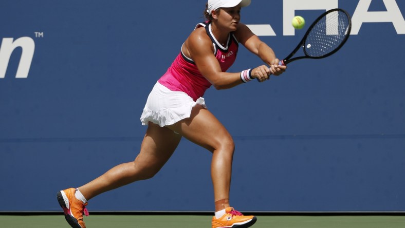 Sep 1, 2019; Flushing, NY, USA; Ashleigh Barty of Australia hits a backhand against Qiang Wang of China (not pictured) in the fourth round on day seven of the 2019 US Open tennis tournament at USTA Billie Jean King National Tennis Center. Mandatory Credit: Geoff Burke-USA TODAY Sports