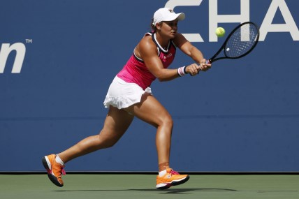 Sep 1, 2019; Flushing, NY, USA; Ashleigh Barty of Australia hits a backhand against Qiang Wang of China (not pictured) in the fourth round on day seven of the 2019 US Open tennis tournament at USTA Billie Jean King National Tennis Center. Mandatory Credit: Geoff Burke-USA TODAY Sports
