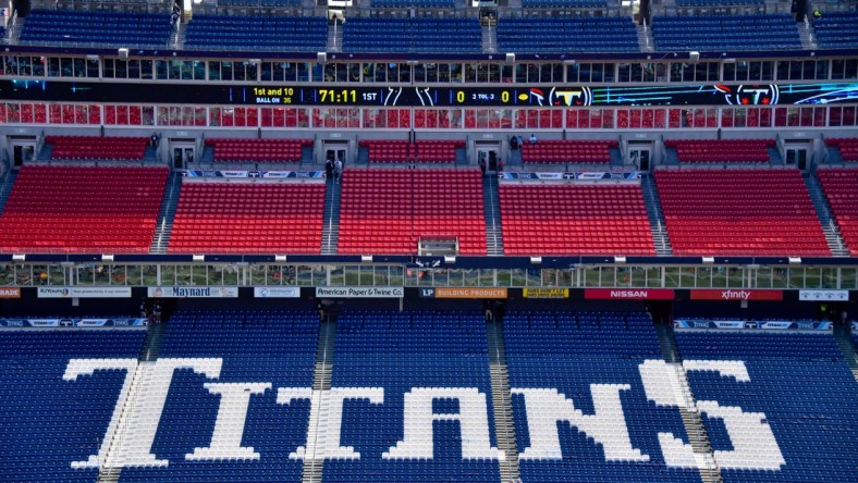 Sep 15, 2019; Nashville, TN, USA; A general view of the Titans logo inside Nissan Stadium prior to the game between the Tennessee Titans and the Indianapolis Colts. Mandatory Credit: Jim Brown-USA TODAY Sports