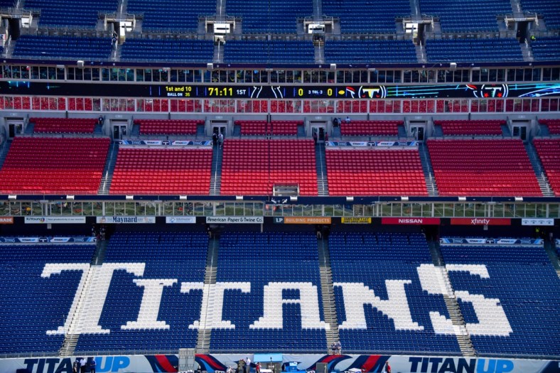 Sep 15, 2019; Nashville, TN, USA; A general view of the Titans logo inside Nissan Stadium prior to the game between the Tennessee Titans and the Indianapolis Colts. Mandatory Credit: Jim Brown-USA TODAY Sports