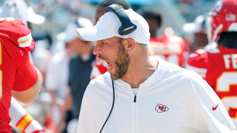 Sep 8, 2019; Jacksonville, FL, USA; Kansas City Chiefs linebackers coach Britt Reid talks to his players during the second half against the Jacksonville Jaguars at TIAA Bank Field. Mandatory Credit: Reinhold Matay-USA TODAY Sports