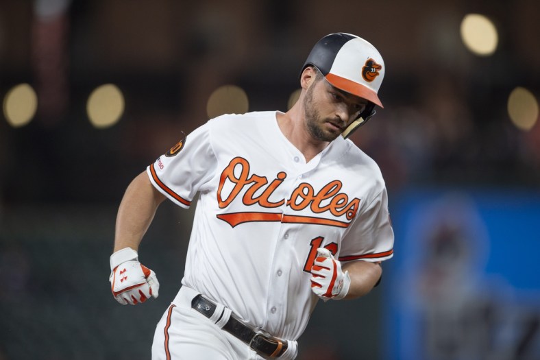 Sep 17, 2019; Baltimore, MD, USA; Baltimore Orioles designated hitter Trey Mancini (16) runs the bases after hitting a two run home run in the first inning against the Toronto Blue Jays  at Oriole Park at Camden Yards. Mandatory Credit: Tommy Gilligan-USA TODAY Sports