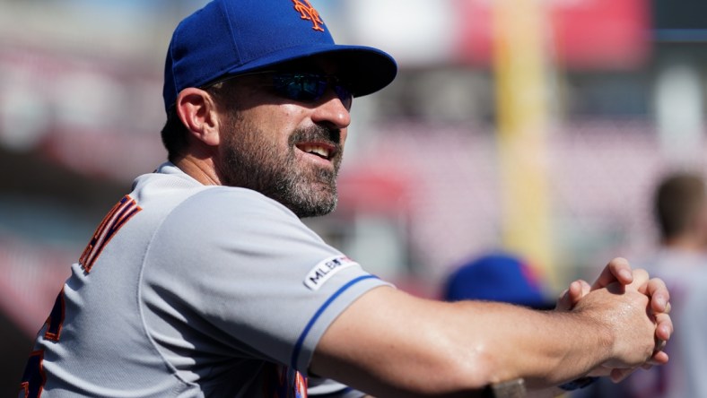 Sep 21, 2019; Cincinnati, OH, USA; New York Mets manager Mickey Callaway (36) reacts in the dugout prior to the game against the Cincinnati Reds at Great American Ball Park. Mandatory Credit: Aaron Doster-USA TODAY Sports