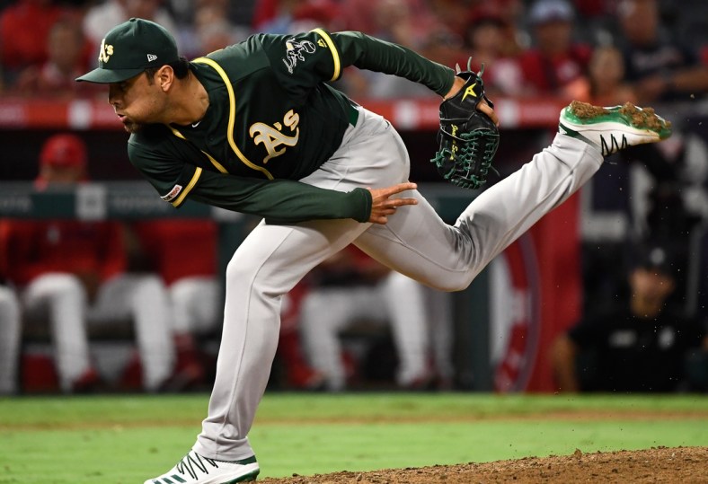 Sep 24, 2019; Anaheim, CA, USA; Oakland Athletics relief pitcher Joakim Soria (48) throws in the eighth inning against the Los Angeles Angels at Angel Stadium of Anaheim. Mandatory Credit: Robert Hanashiro-USA TODAY Sports