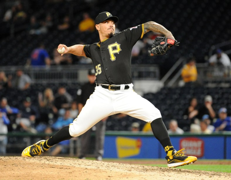 Sep 25, 2019; Pittsburgh, PA, USA; Pittsburgh Pirates pitcher Keone Kela (35) throws the ball against the Chicago Cubs at PNC Park. Mandatory Credit: Philip G. Pavely-USA TODAY Sports