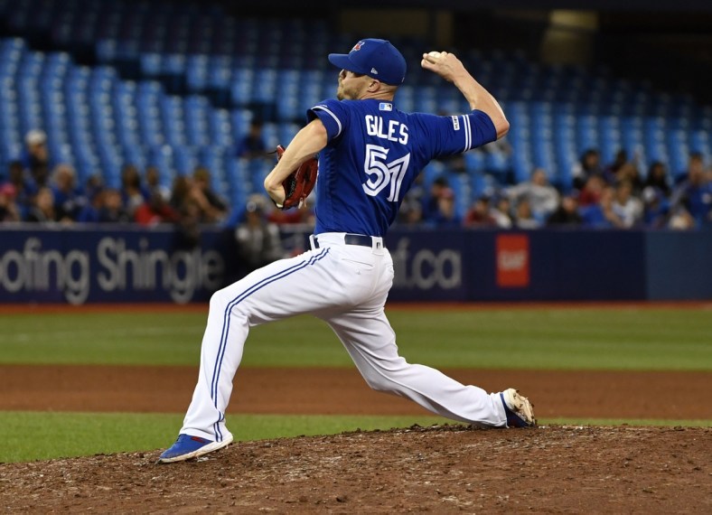 Sep 28, 2019; Toronto, Ontario, CAN; Toronto Blue Jays pitcher Ken Giles (51) pitches in the eighth inning against the Tampa Bay Rays at Rogers Centre. Mandatory Credit: Eric Bolte-USA TODAY Sports