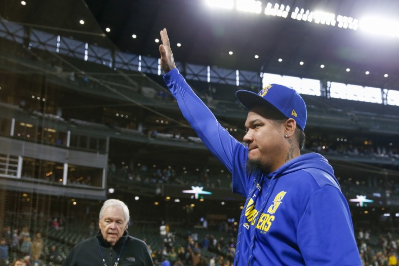 Sep 29, 2019; Seattle, WA, USA; Seattle Mariners starting pitcher Felix Hernandez (34) waves to fans following a 3-1 victory against the Oakland Athletics at T-Mobile Park. Mandatory Credit: Joe Nicholson-USA TODAY Sports