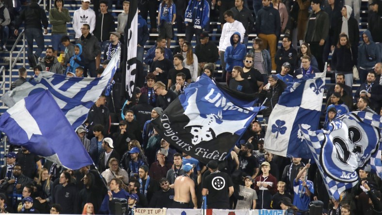 Sep 29, 2019; Montreal, Quebec, CAN; Montreal Impact fans cheer during the second half against Atlanta United at Stade Saputo. Mandatory Credit: Jean-Yves Ahern-USA TODAY Sports