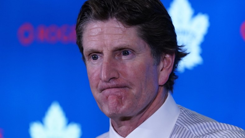 Oct 21, 2019; Toronto, Ontario, CAN; Toronto Maple Leafs head coach Mike Babcock during the post game press conference against the Columbus Blue Jackets at Scotiabank Arena. Columbus defeated Toronto in overtime. Mandatory Credit: John E. Sokolowski-USA TODAY Sports