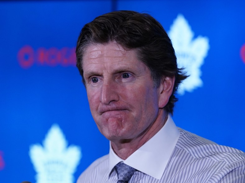 Oct 21, 2019; Toronto, Ontario, CAN; Toronto Maple Leafs head coach Mike Babcock during the post game press conference against the Columbus Blue Jackets at Scotiabank Arena. Columbus defeated Toronto in overtime. Mandatory Credit: John E. Sokolowski-USA TODAY Sports