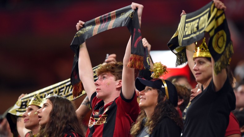 Oct 30, 2019; Atlanta, GA, USA; Atlanta United fans show their support during the first half of the Eastern Conference Final against the Toronto FC at Mercedes-Benz Stadium. Mandatory Credit: John David Mercer-USA TODAY Sports