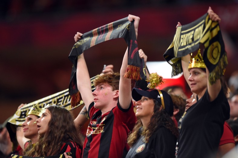 Oct 30, 2019; Atlanta, GA, USA; Atlanta United fans show their support during the first half of the Eastern Conference Final against the Toronto FC at Mercedes-Benz Stadium. Mandatory Credit: John David Mercer-USA TODAY Sports