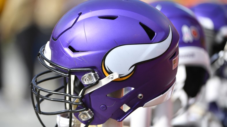 Nov 3, 2019; Kansas City, MO, USA; A general view of a Minnesota Vikings helmet during the game against the Kansas City Chiefs at Arrowhead Stadium. Mandatory Credit: Denny Medley-USA TODAY Sports