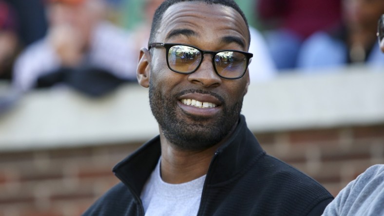 Nov 16, 2019; Atlanta, GA, USA; Former Georgia Tech Yellow Jackets wide receiver Calvin Johnson on the sideline against the Virginia Tech Hokies in the first quarter at Bobby Dodd Stadium. Mandatory Credit: Brett Davis-USA TODAY Sports