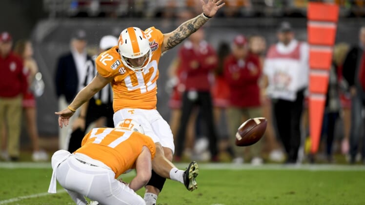 Jan 2, 2020; Jacksonville, Florida, USA; Tennessee Volunteers place kicker Brent Cimaglia (42) kicks a field goal during the second quarter against the Indiana Hoosiers at TIAA Bank Field. Mandatory Credit: Douglas DeFelice-USA TODAY Sports
