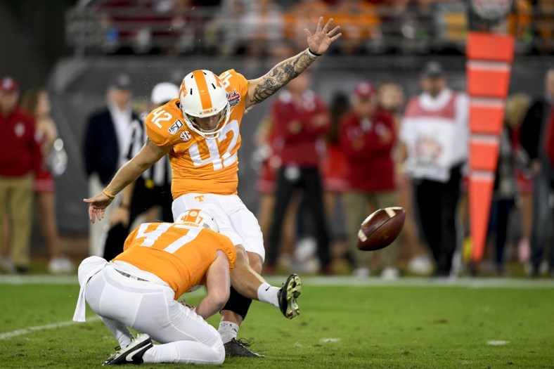 Jan 2, 2020; Jacksonville, Florida, USA; Tennessee Volunteers place kicker Brent Cimaglia (42) kicks a field goal during the second quarter against the Indiana Hoosiers at TIAA Bank Field. Mandatory Credit: Douglas DeFelice-USA TODAY Sports